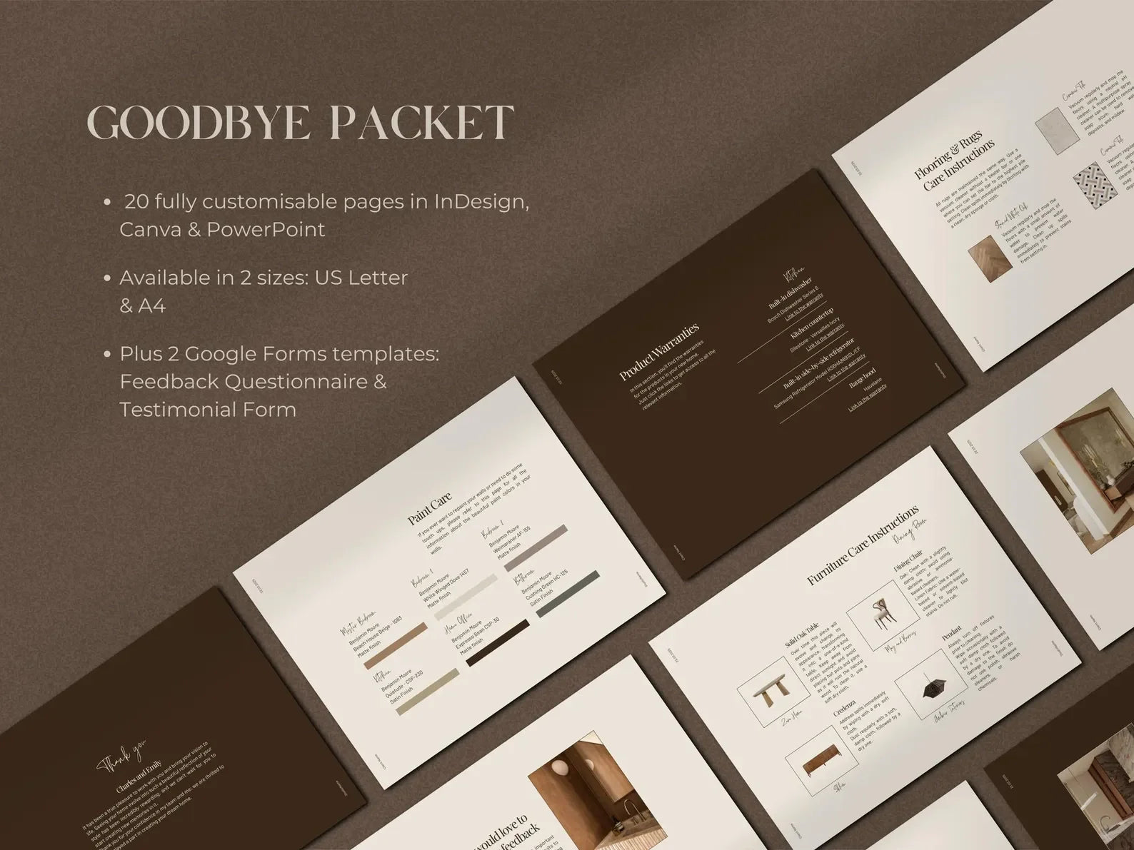 Goodbye Packet design with customizable pages on a brown background