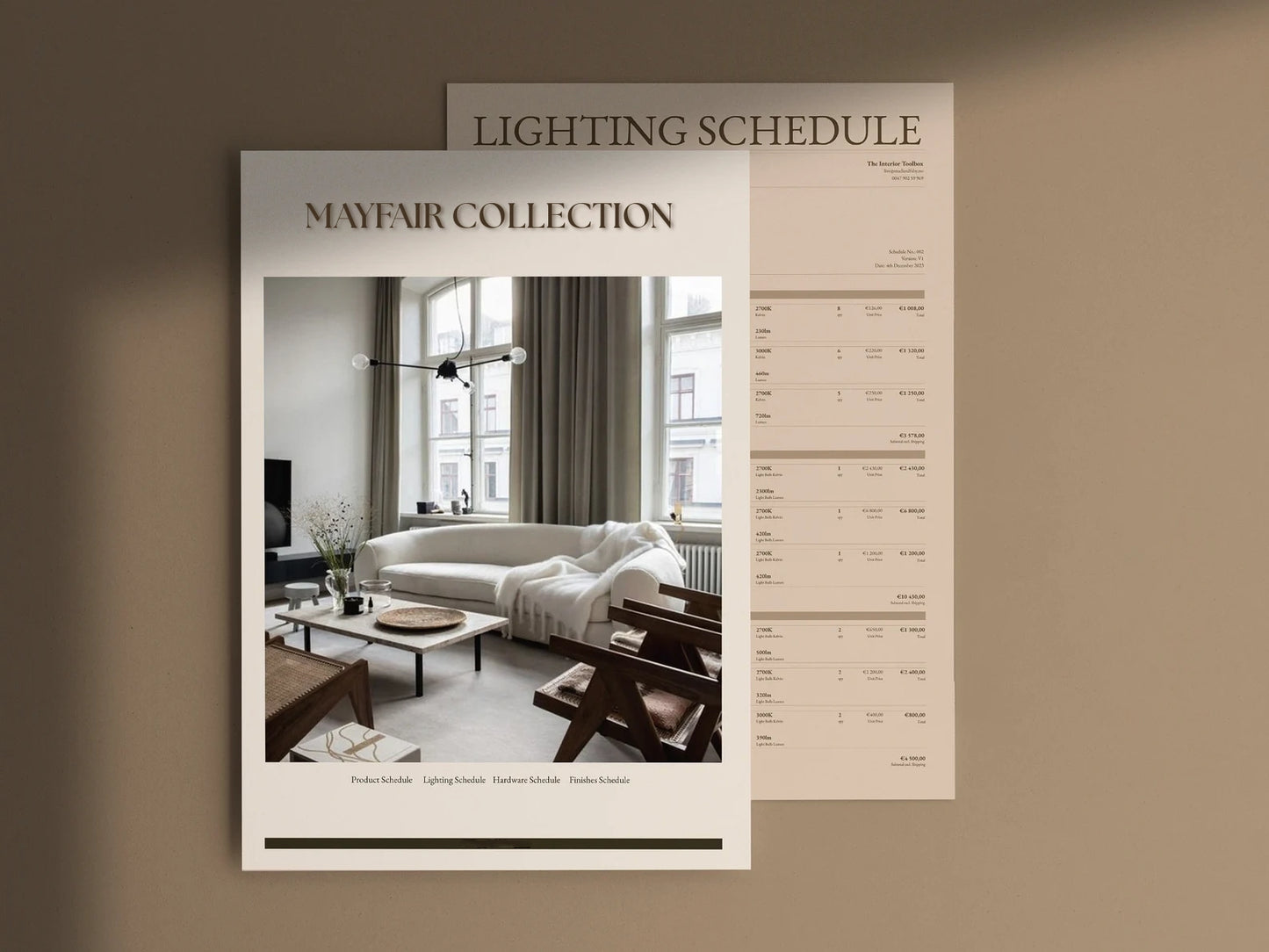 Mayfair Collection catalog with interior design images and a lighting schedule on a beige background