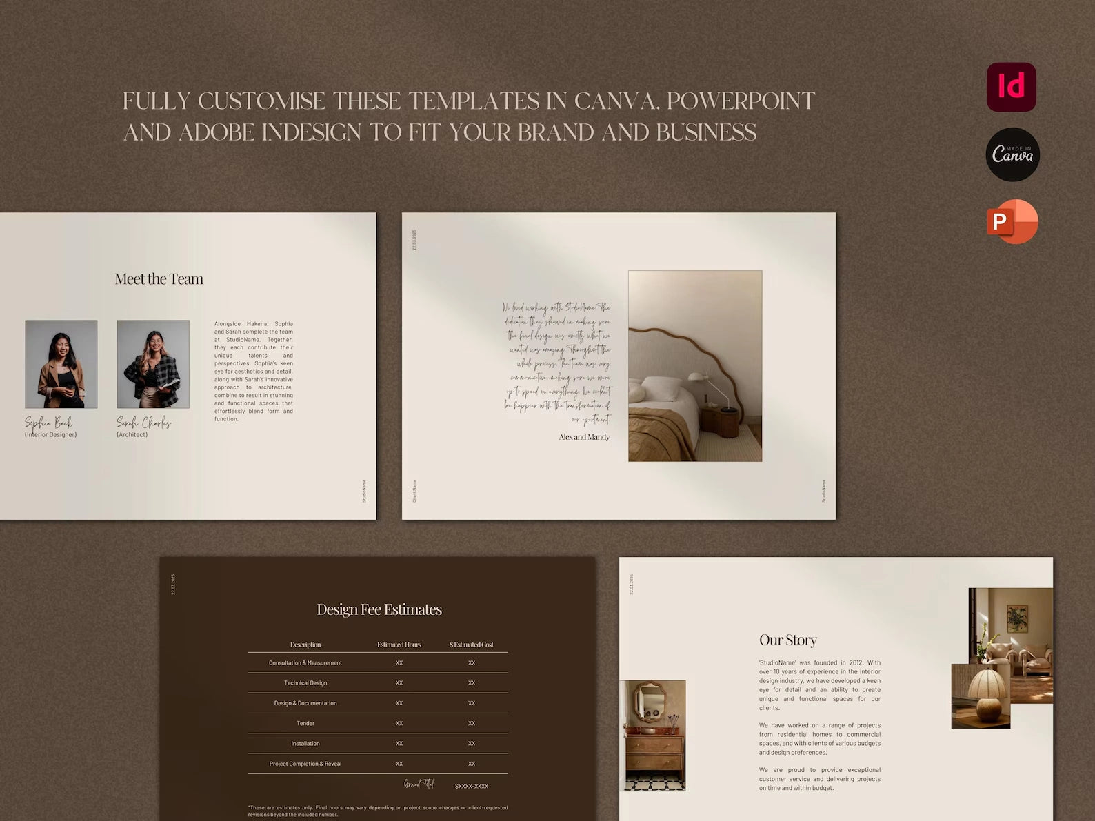 Templates for Canva, PowerPoint, and Adobe InDesign on a brown background