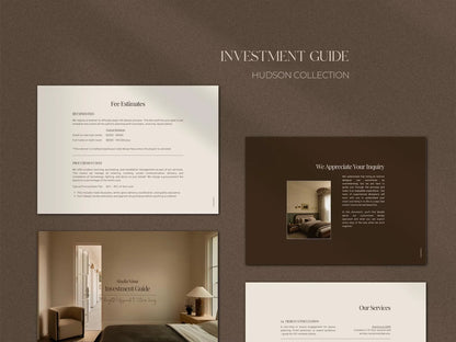 Investment guide for Hudson Collection with interior design images on a brown background