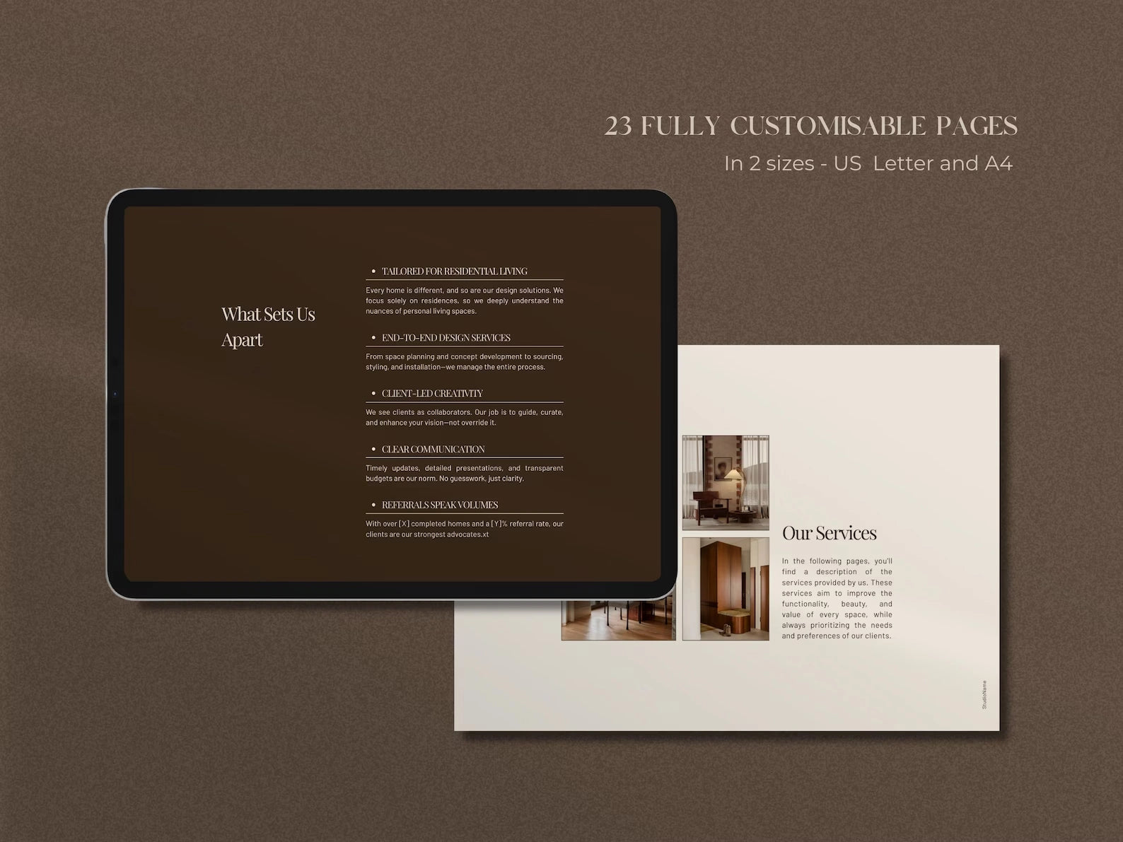 Tablet displaying a design on a brown background with text about customizable pages.