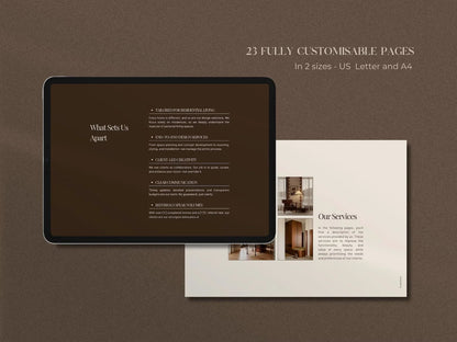 Tablet displaying a design on a brown background with text about customizable pages.