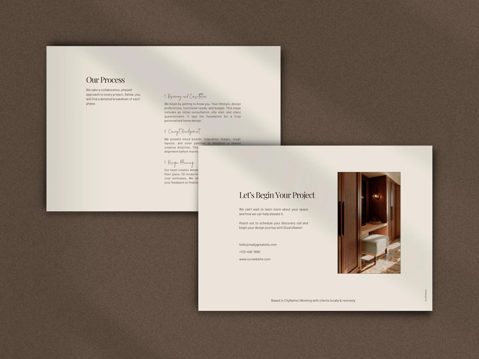 Two brochures on a brown background, one titled 'Our Process' and the other inviting viewers to begin a project.