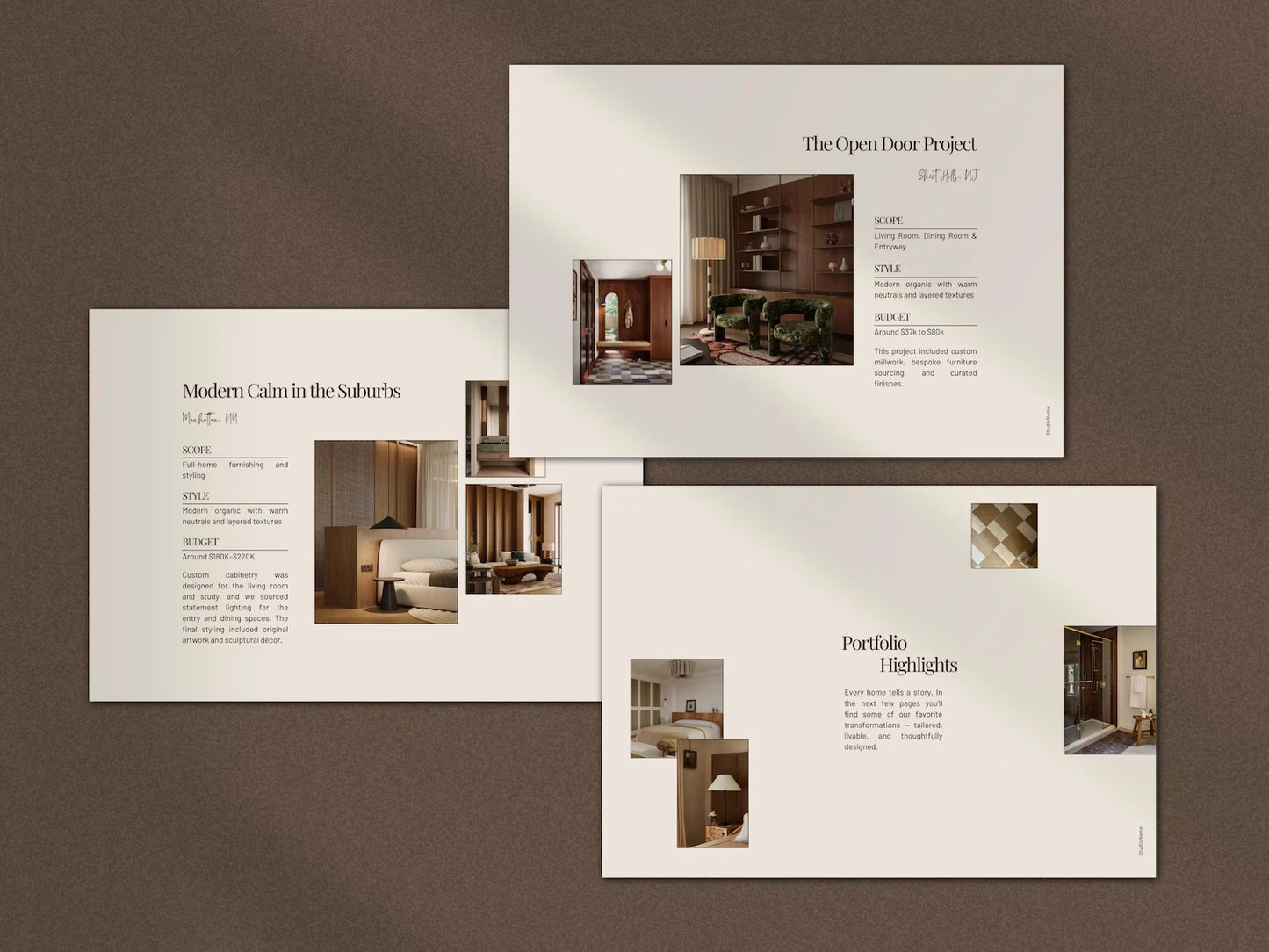 Three interior design brochures on a brown background