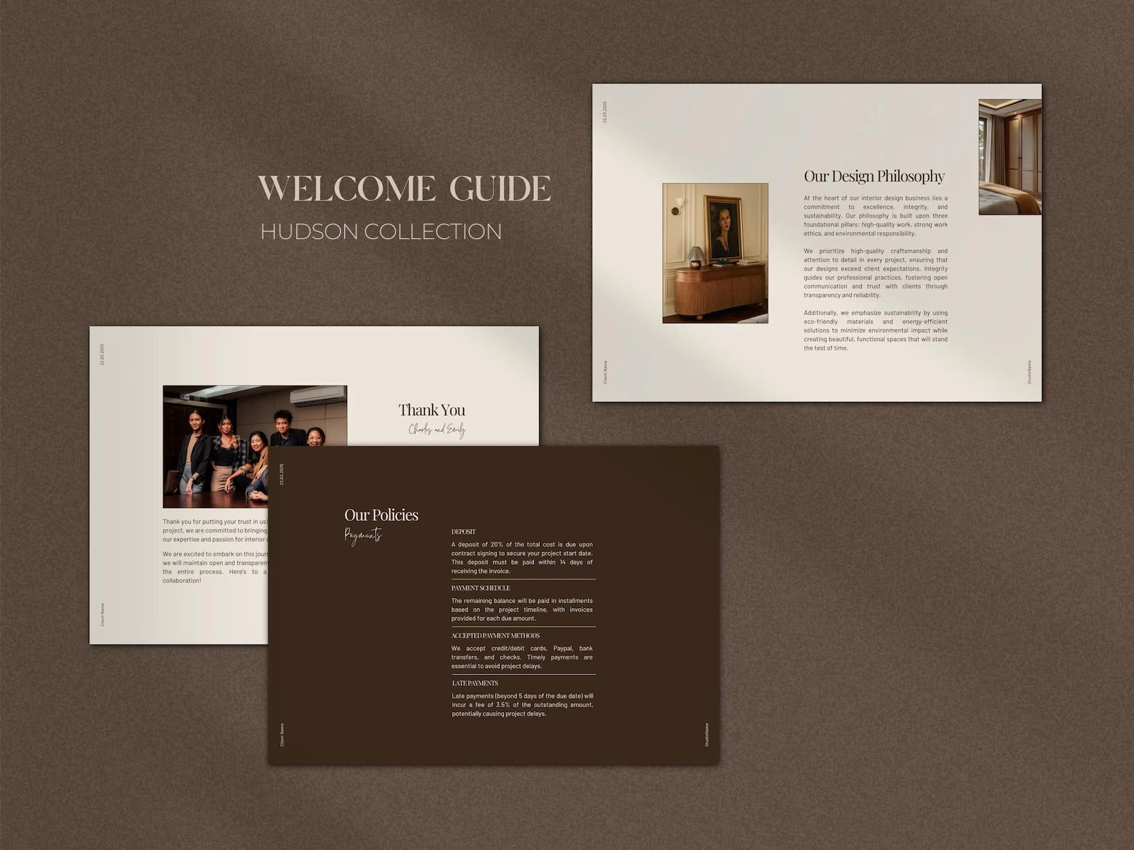 Set of design guides or brochures on a brown background