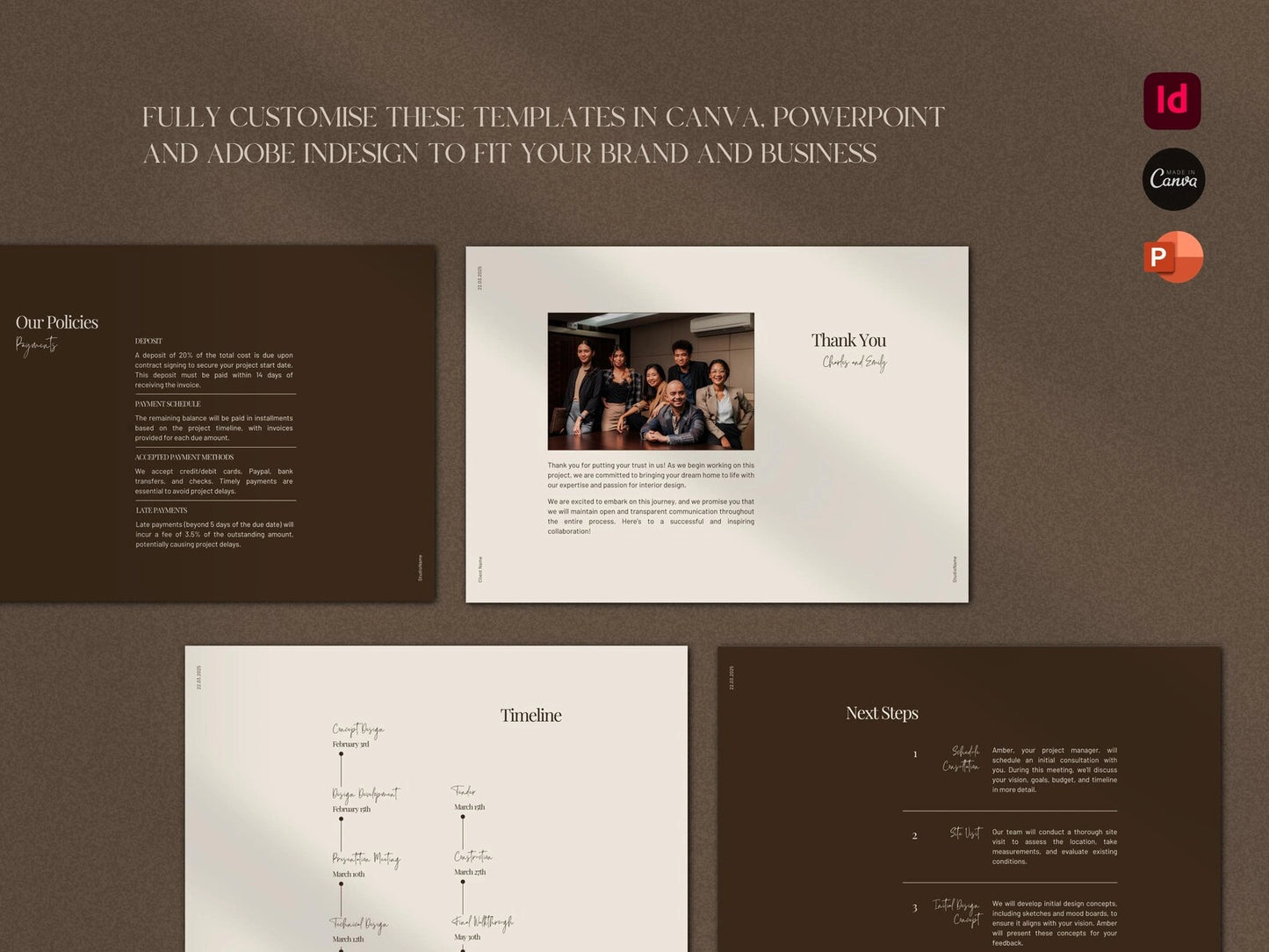 Templates for Canva, PowerPoint, and Adobe InDesign on a brown background