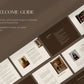 Welcome guide with customizable pages in InDesign, Canva, and PowerPoint on a brown background.