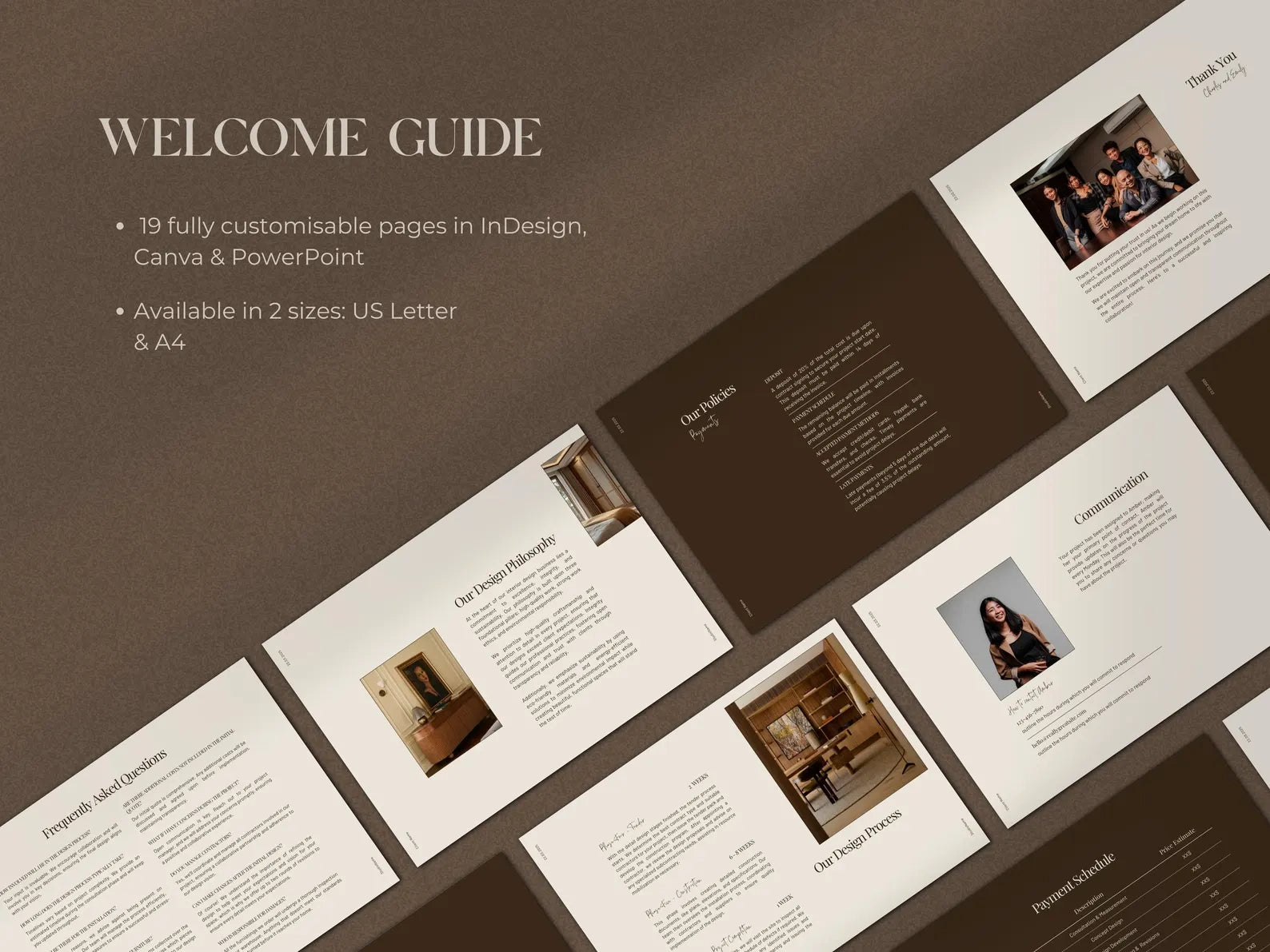 Welcome guide with customizable pages in InDesign, Canva, and PowerPoint on a brown background.
