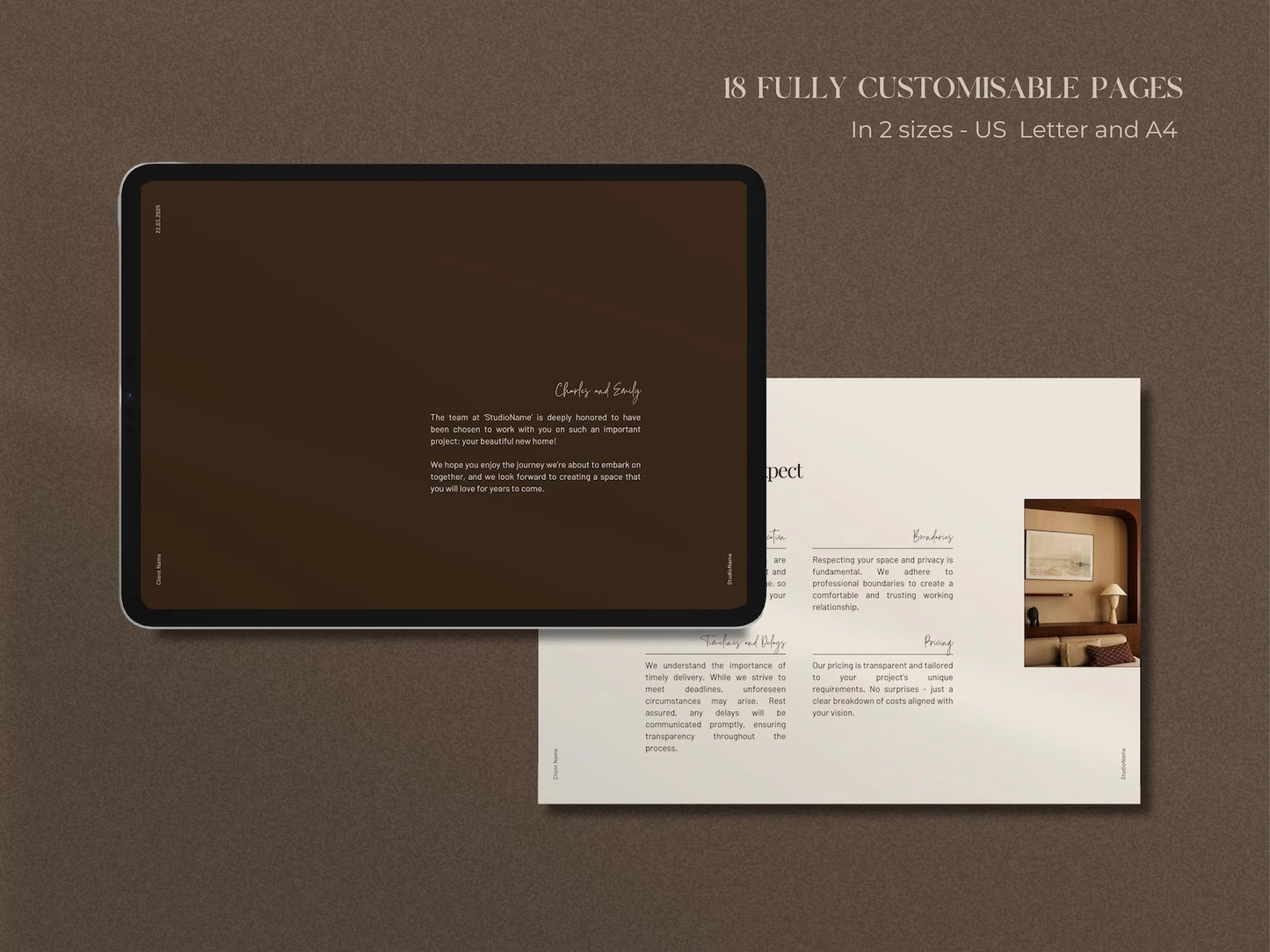 iPad displaying a design document on a brown background