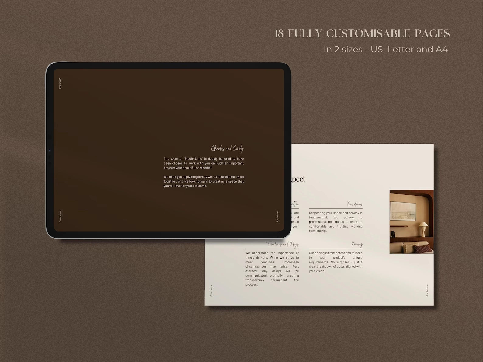 iPad displaying a design document on a brown background