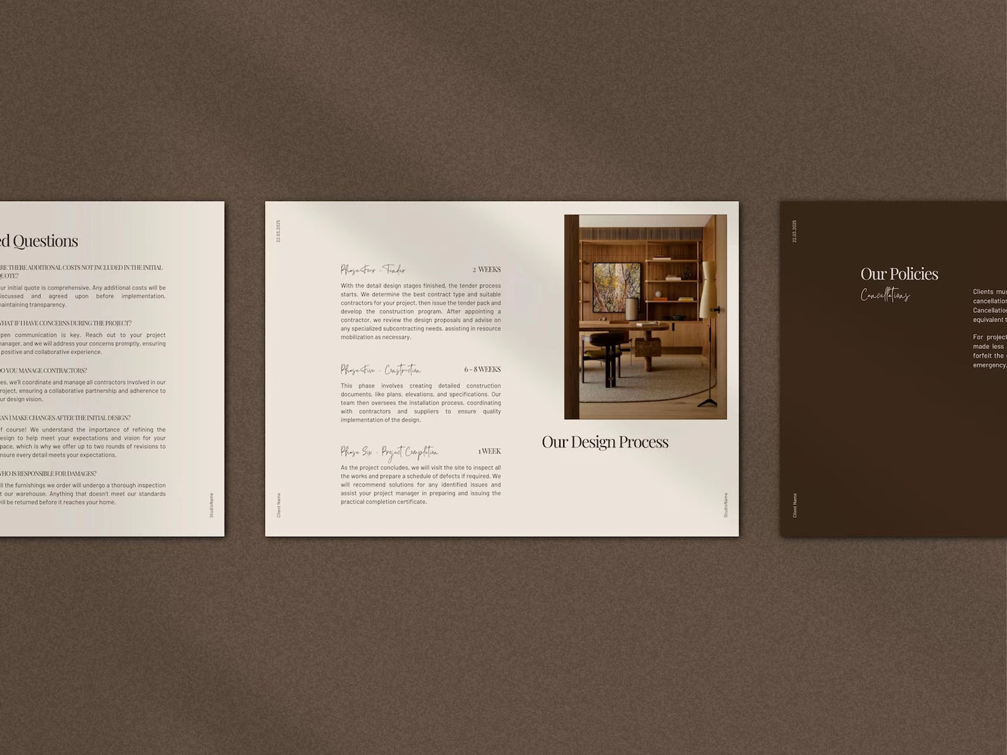 Brochure open to 'Our Design Process' on a brown background