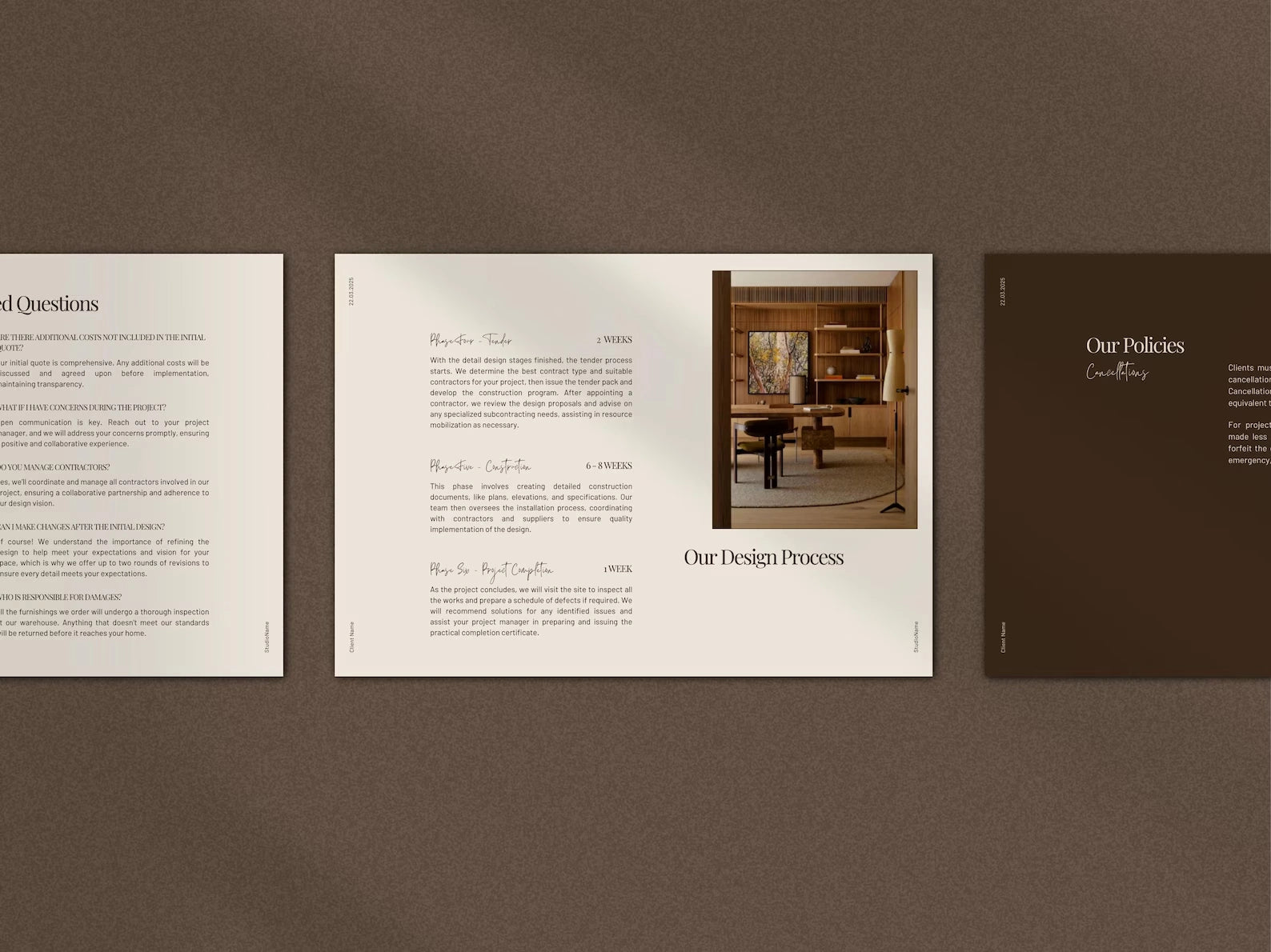 Brochure open to 'Our Design Process' on a brown background