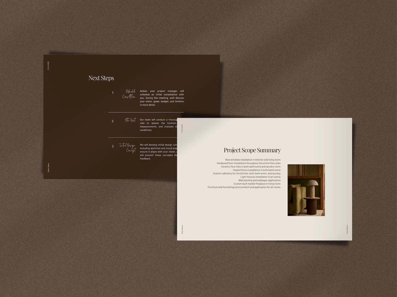 Two brochures on a brown background, one titled 'Next Steps' and the other 'Project Scope Summary'.