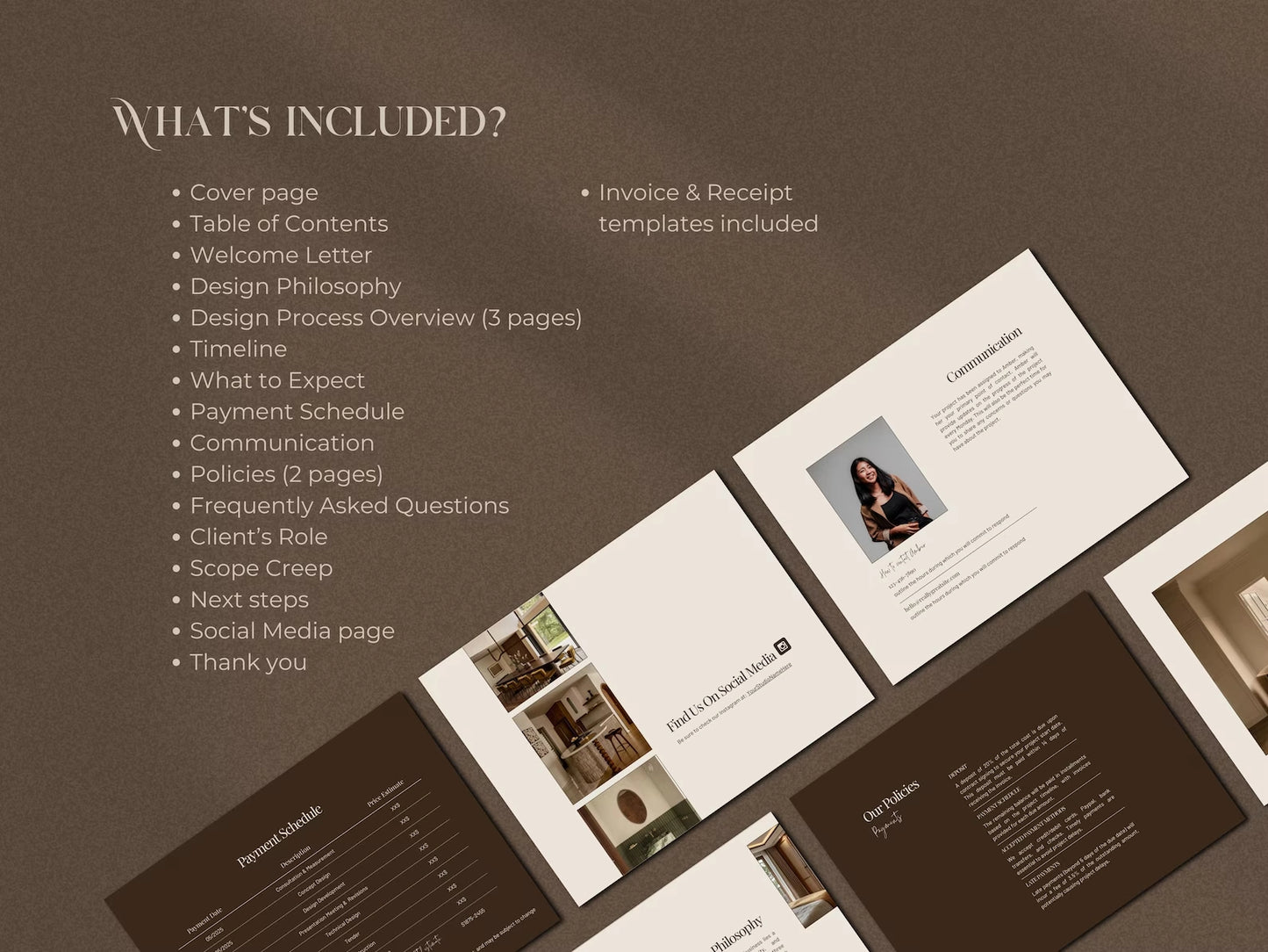 Brochure design with pages open on a brown background, showing text about what's included.