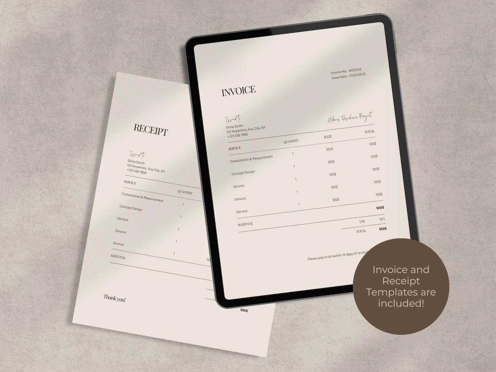 Invoice and receipt templates on a tablet and paper with a gray background.