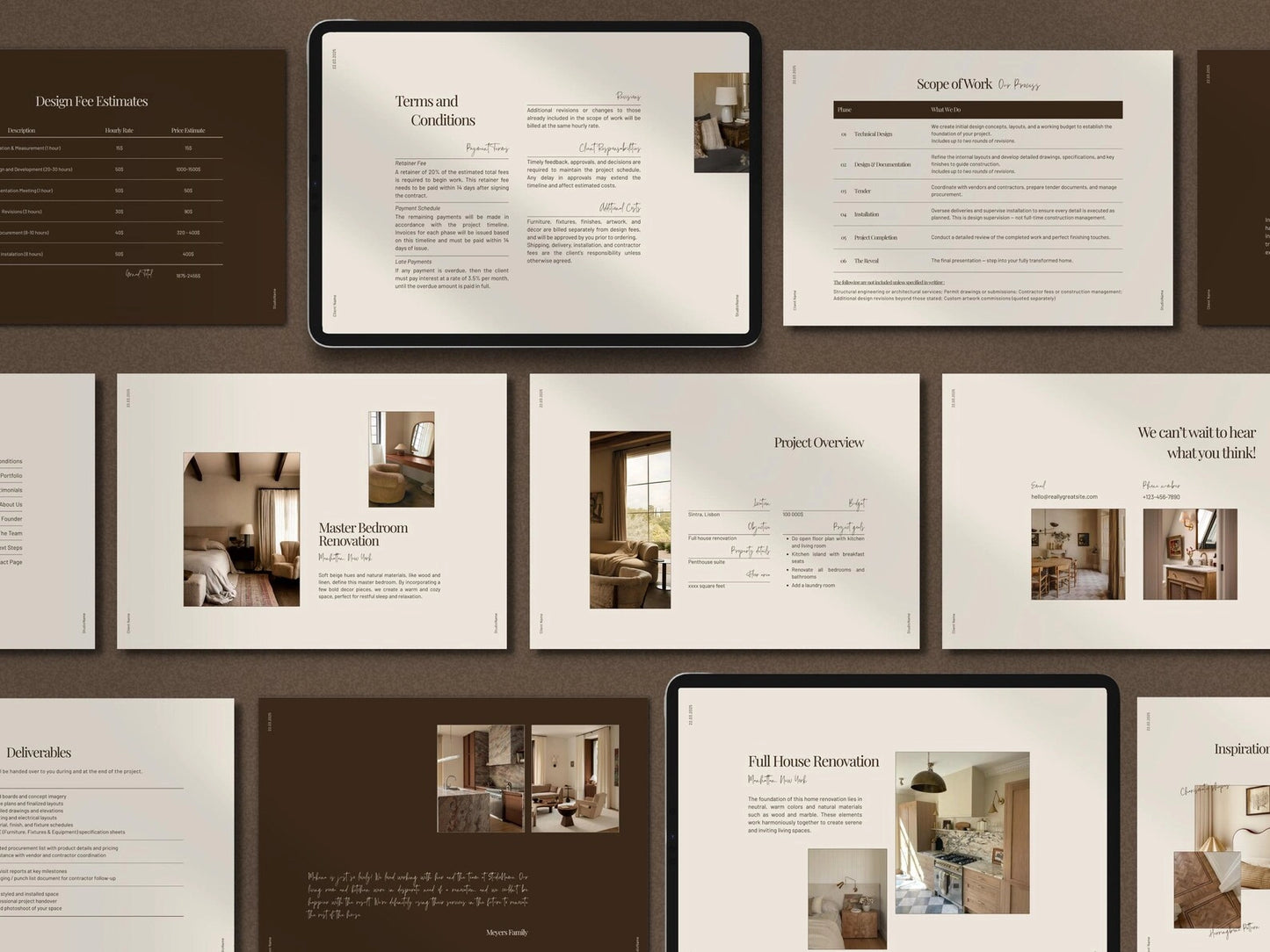 Collage of interior design project pages on a tablet and paper
