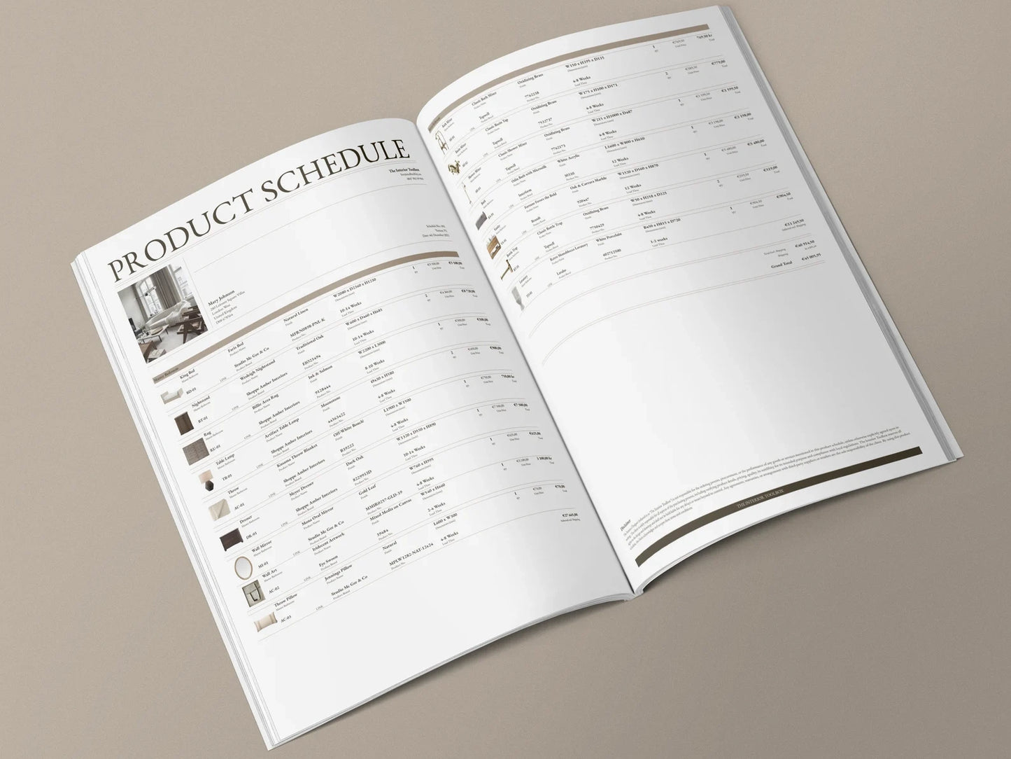 Open product schedule book on a beige background