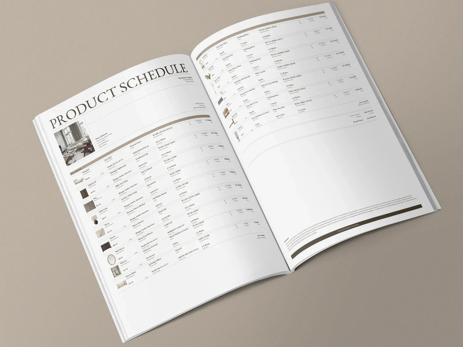Open product schedule book on a beige background