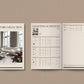 Open brochure or catalog showing interior design layout and lighting schedule on a beige wall.