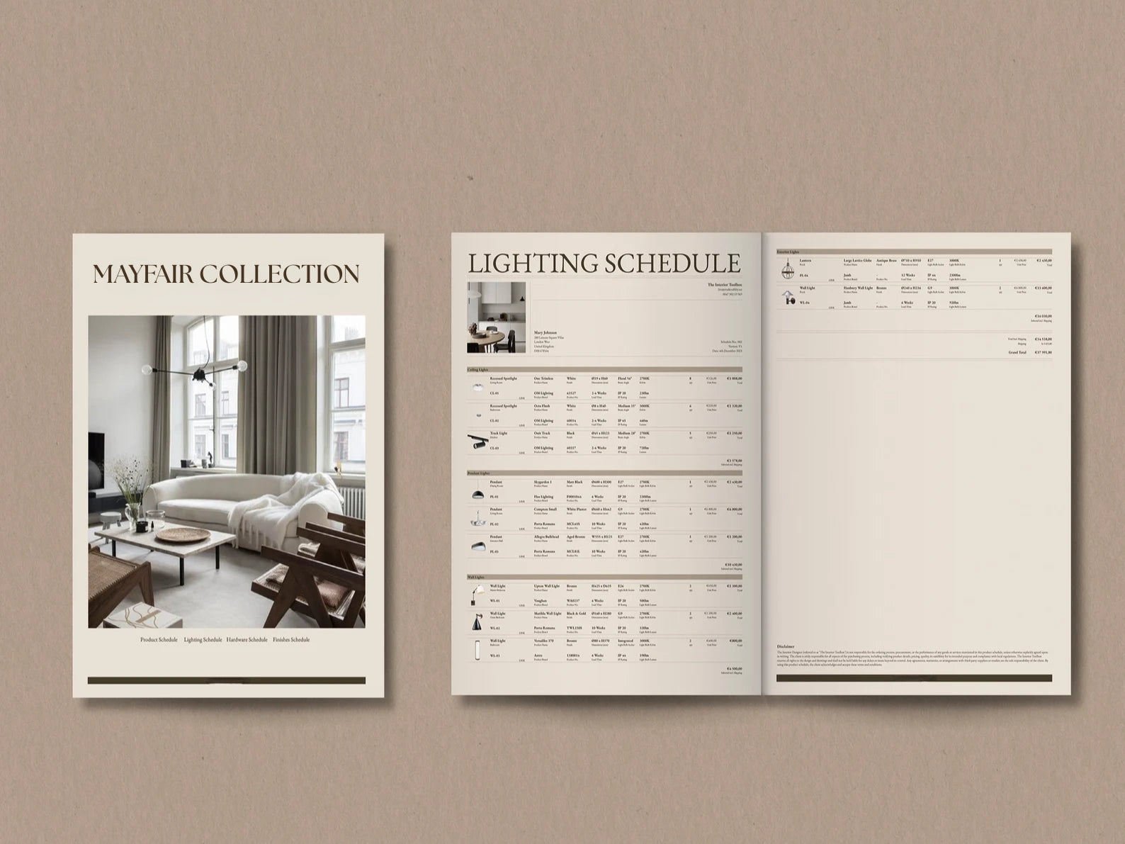 Open brochure or catalog showing interior design layout and lighting schedule on a beige wall.