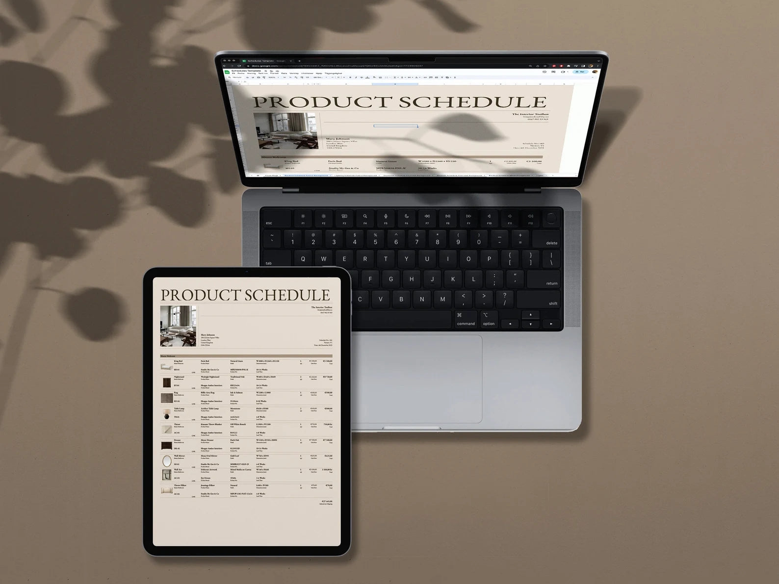 Laptop and tablet displaying a product schedule on a beige background