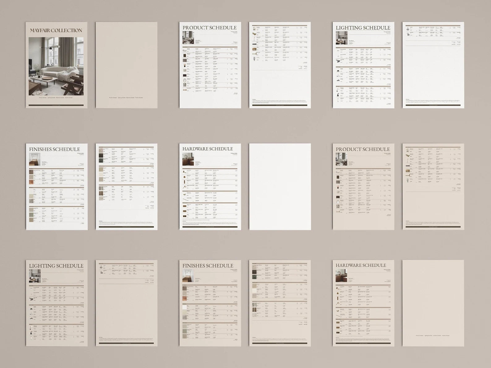 Set of printed schedules and documents on a beige wall.