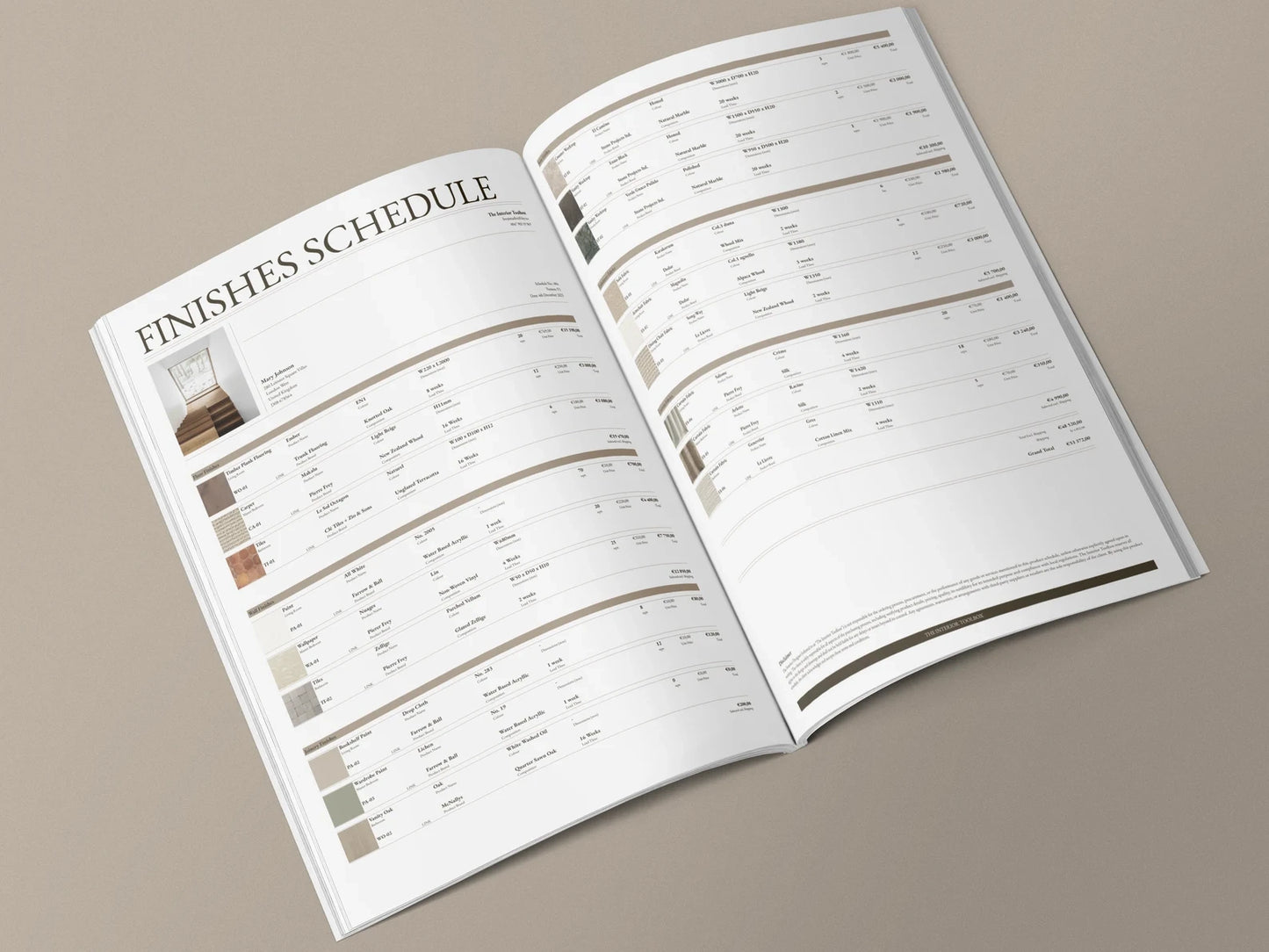 Open book showing a 'Finishes Schedule' with color swatches on a beige background