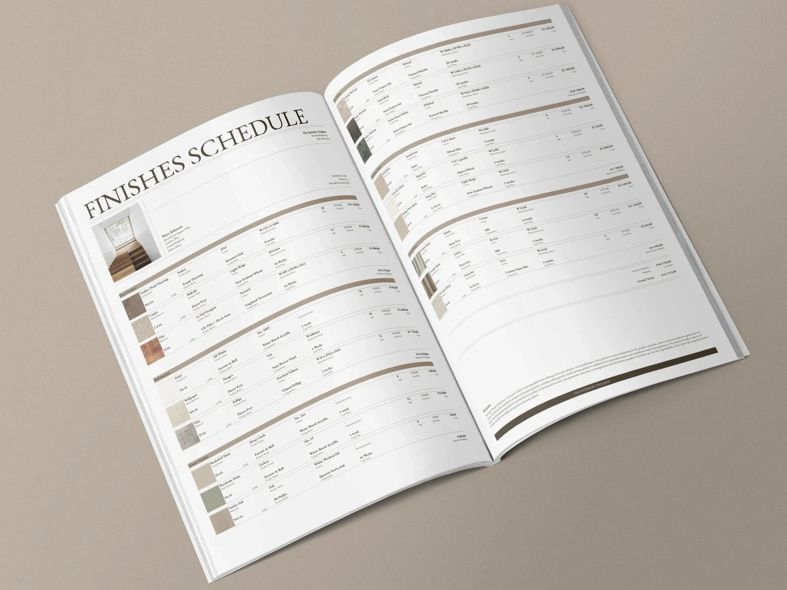 Open book showing a 'Finishes Schedule' with color swatches on a beige background