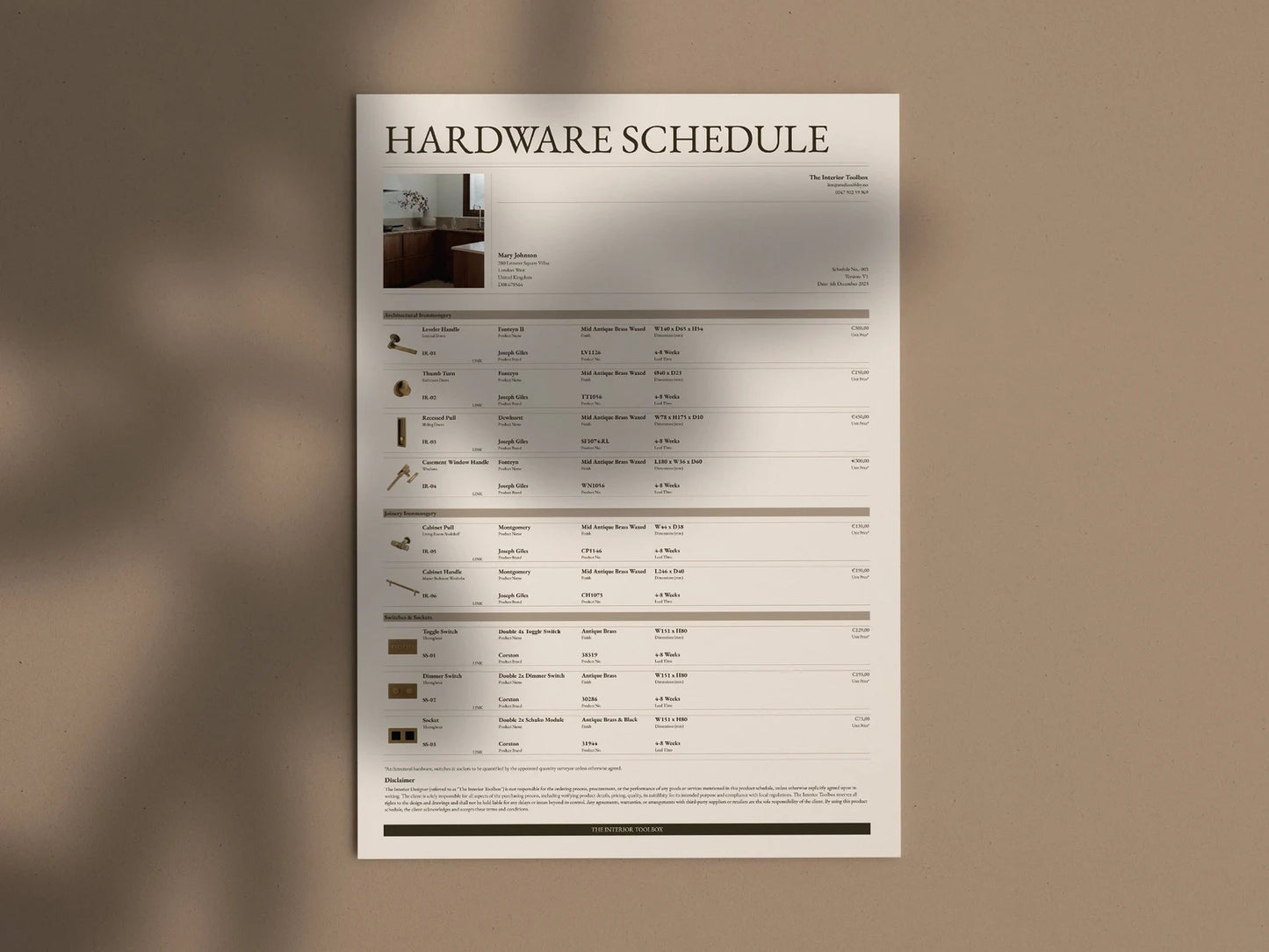 Hardware schedule document on a brown background