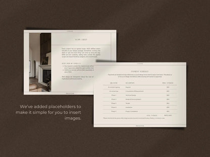 Two sheets of paper with text and placeholders on a brown background