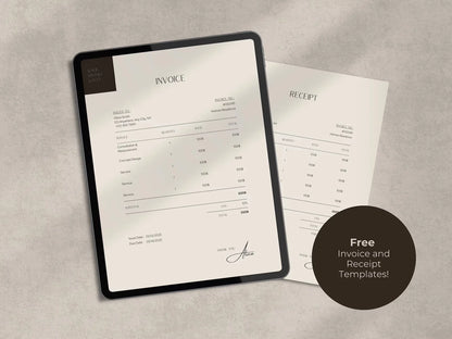 Digital tablet displaying invoice and receipt templates on a textured surface.
