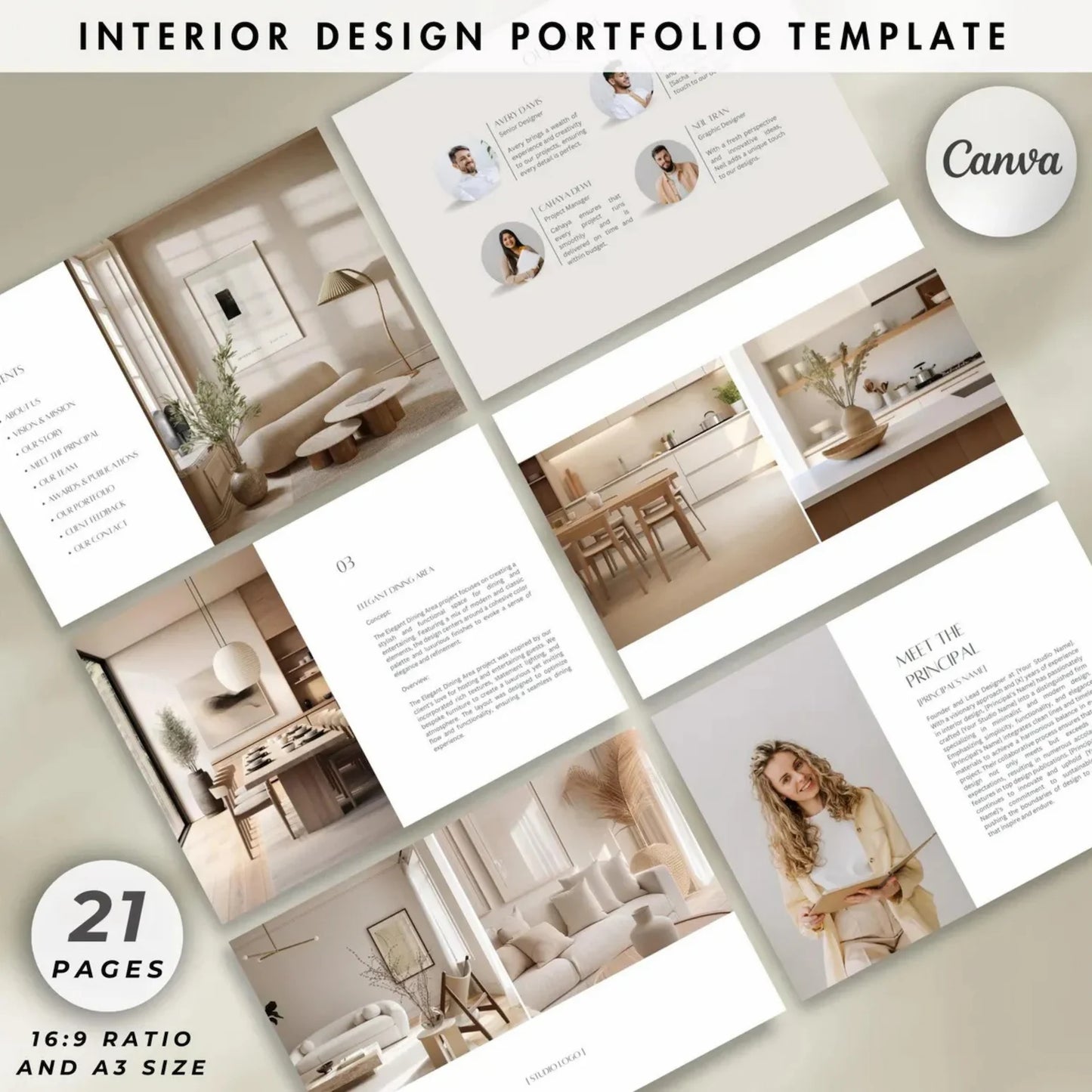 Interior design portfolio template with Canva logo on a light background