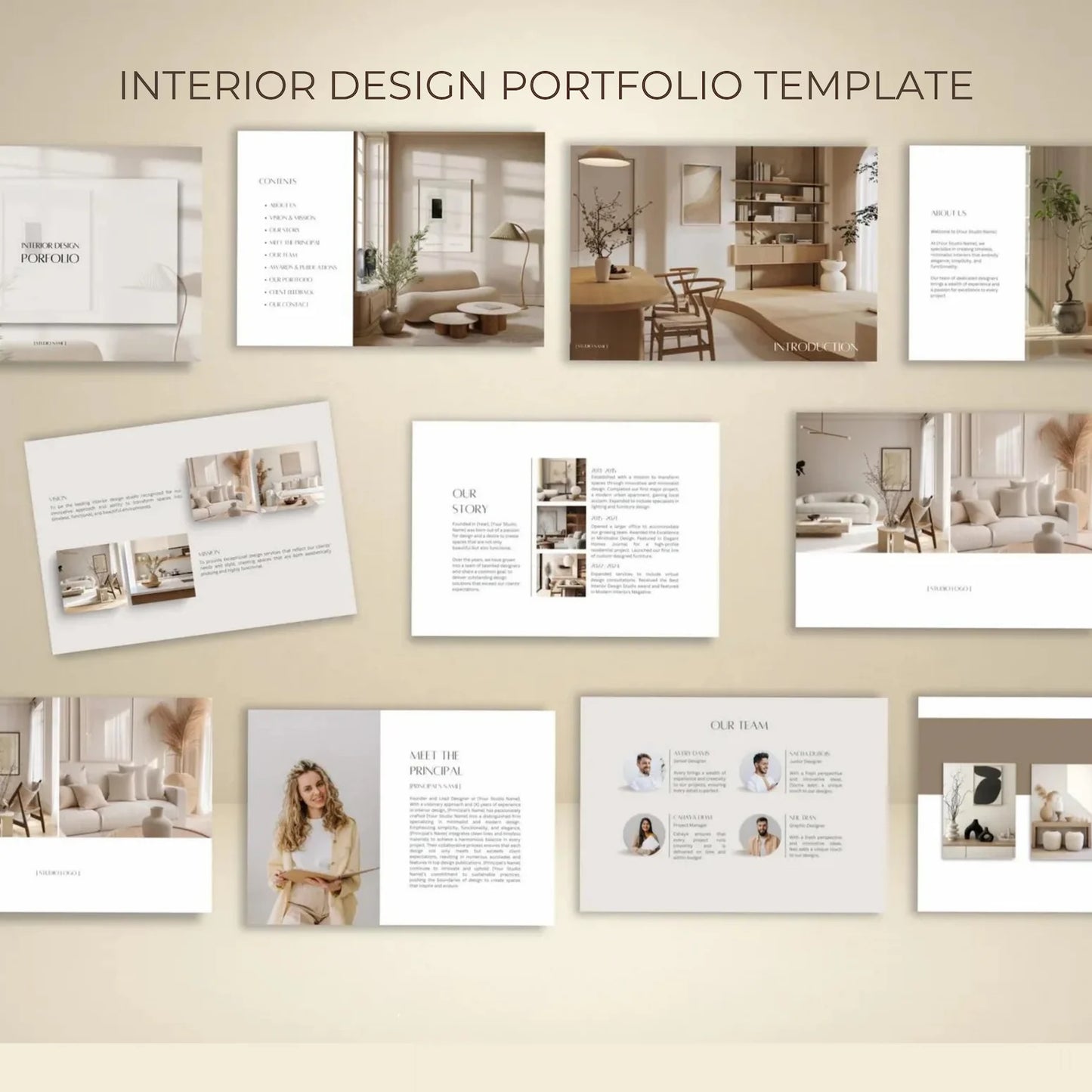 Interior design portfolio template with images of rooms and people on a beige background