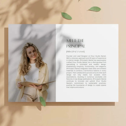 Brochure with a photo of a woman and text on a beige background