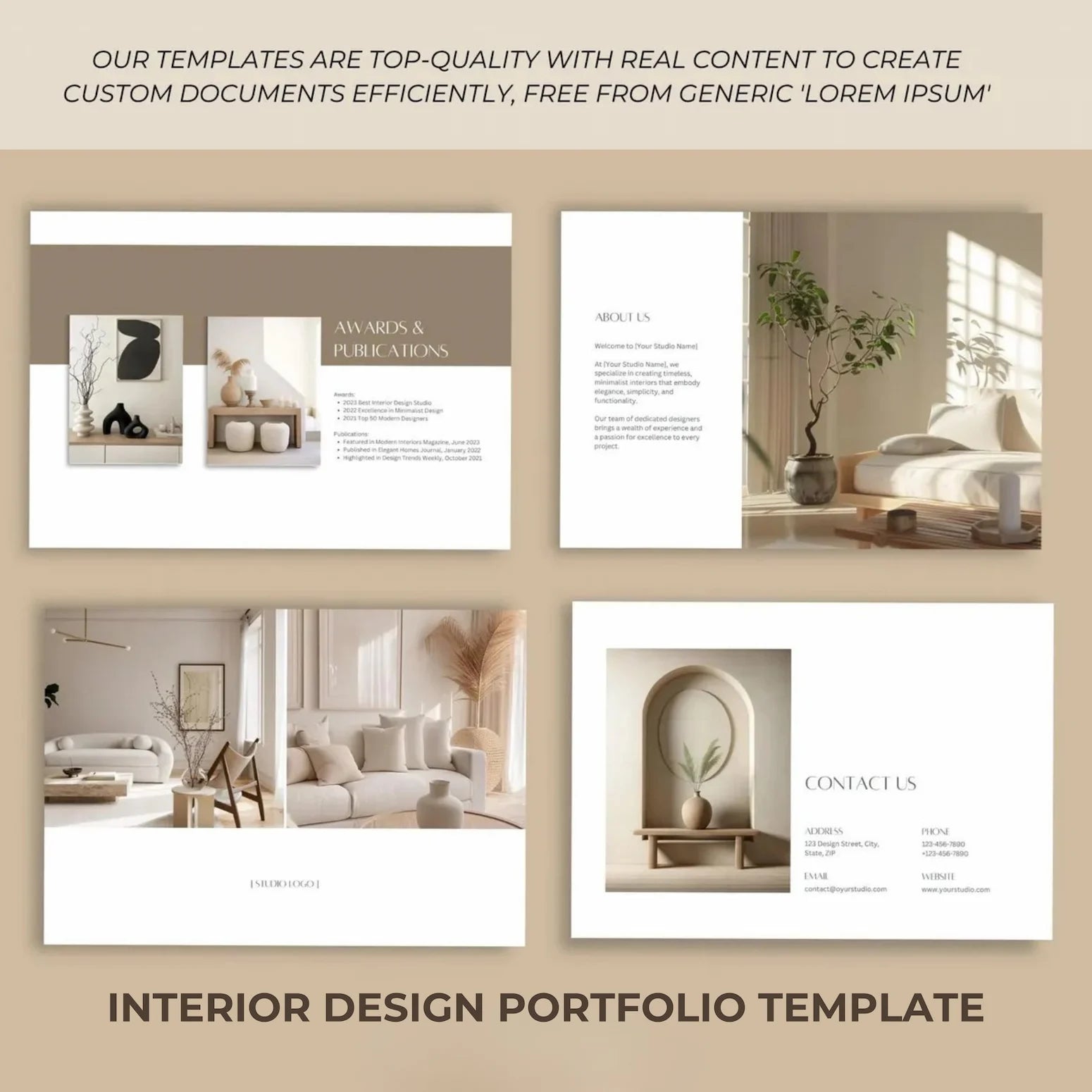 Interior design portfolio template with lifestyle images and text on a beige background