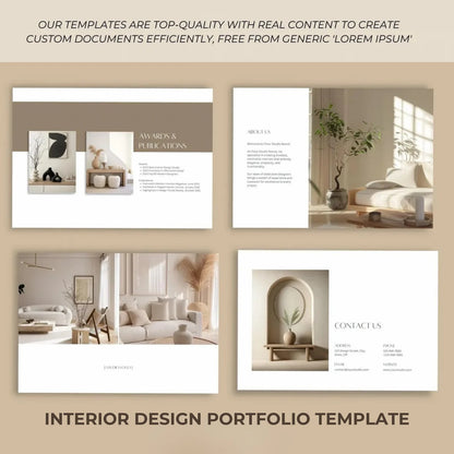 Interior design portfolio template with lifestyle images and text on a beige background