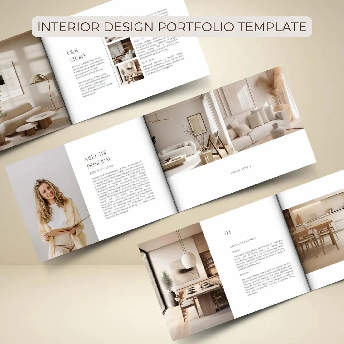 Open interior design portfolio template showing pages with text and images of living rooms.