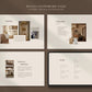 Four design pages of a customizable layout with text and images on a brown background.
