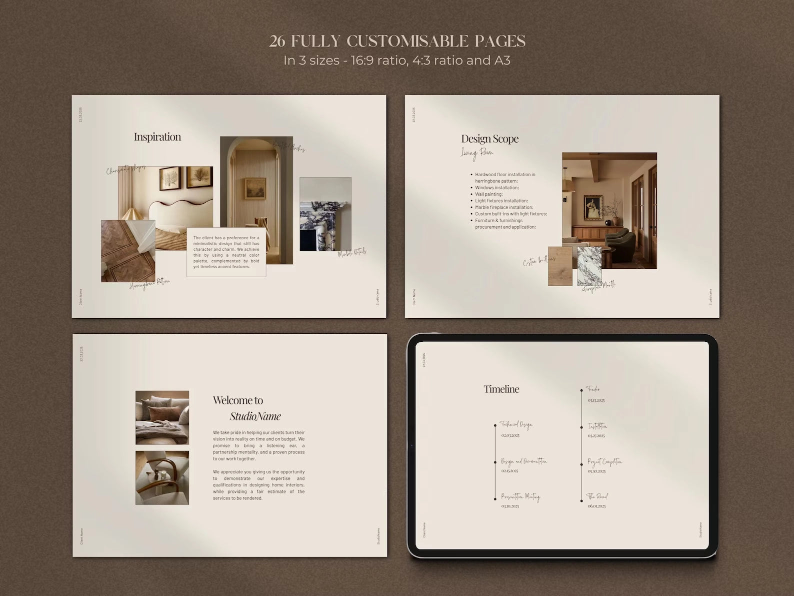 Four design pages of a customizable layout with text and images on a brown background.