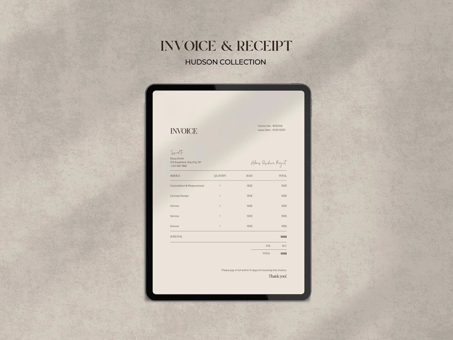 Digital tablet displaying an invoice on a textured beige background with 'Hudson Collection' branding.