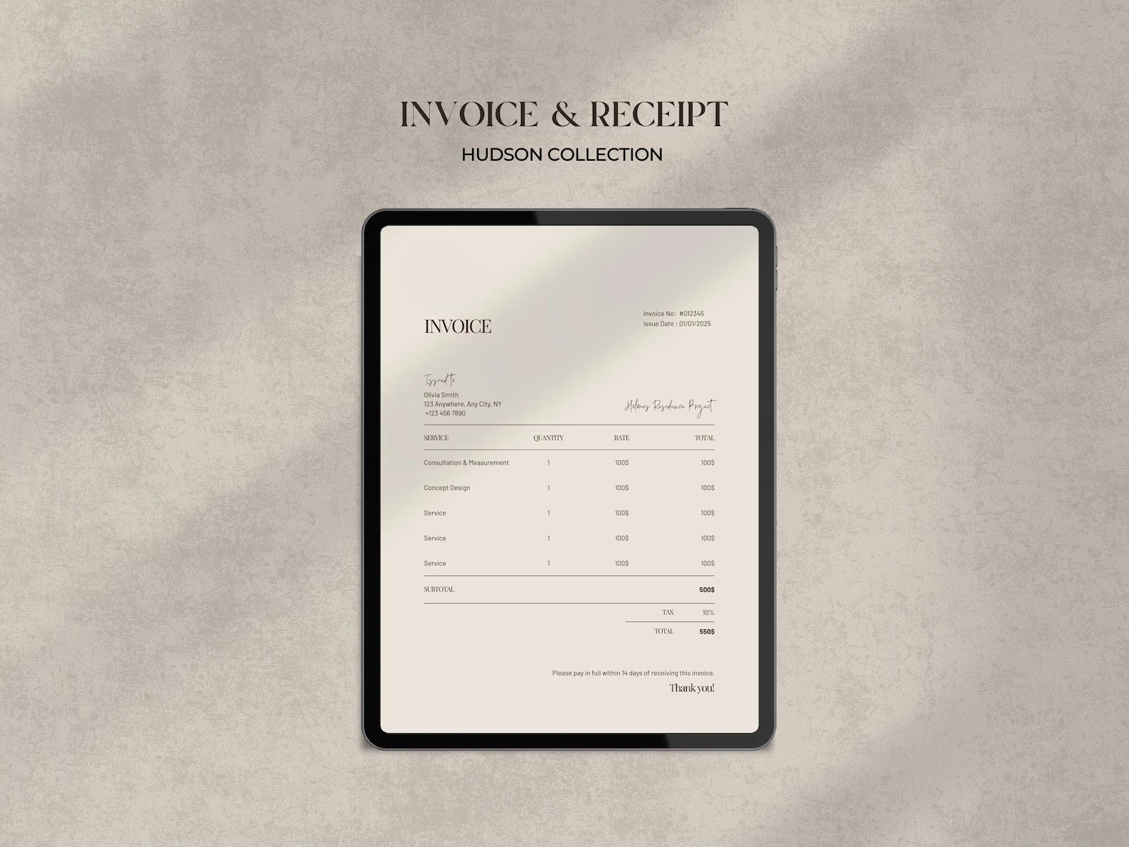 Digital tablet displaying an invoice on a textured beige background with 'Hudson Collection' branding.
