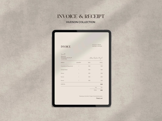Digital tablet displaying an invoice on a textured beige background with 'Hudson Collection' branding.