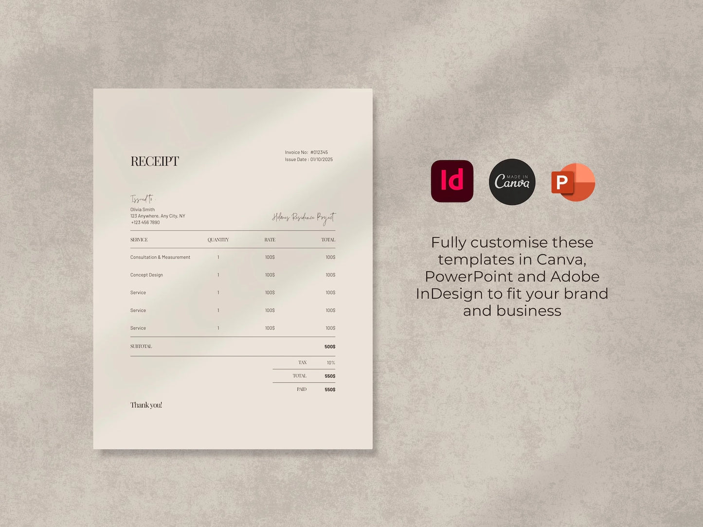 Recipe card template on a textured gray background with design software icons.