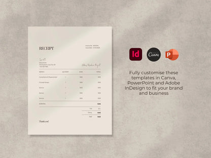 Recipe card template on a textured gray background with design software icons.