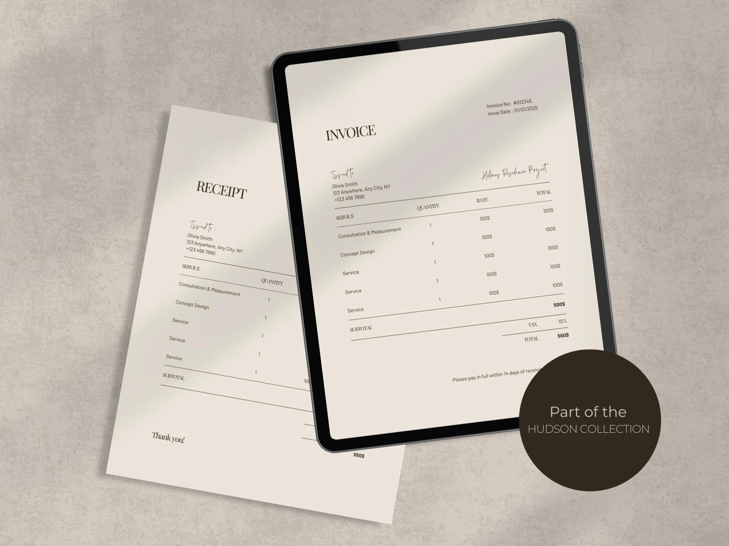 Receipt and invoice forms on a gray surface with 'Hudson Collection' branding.