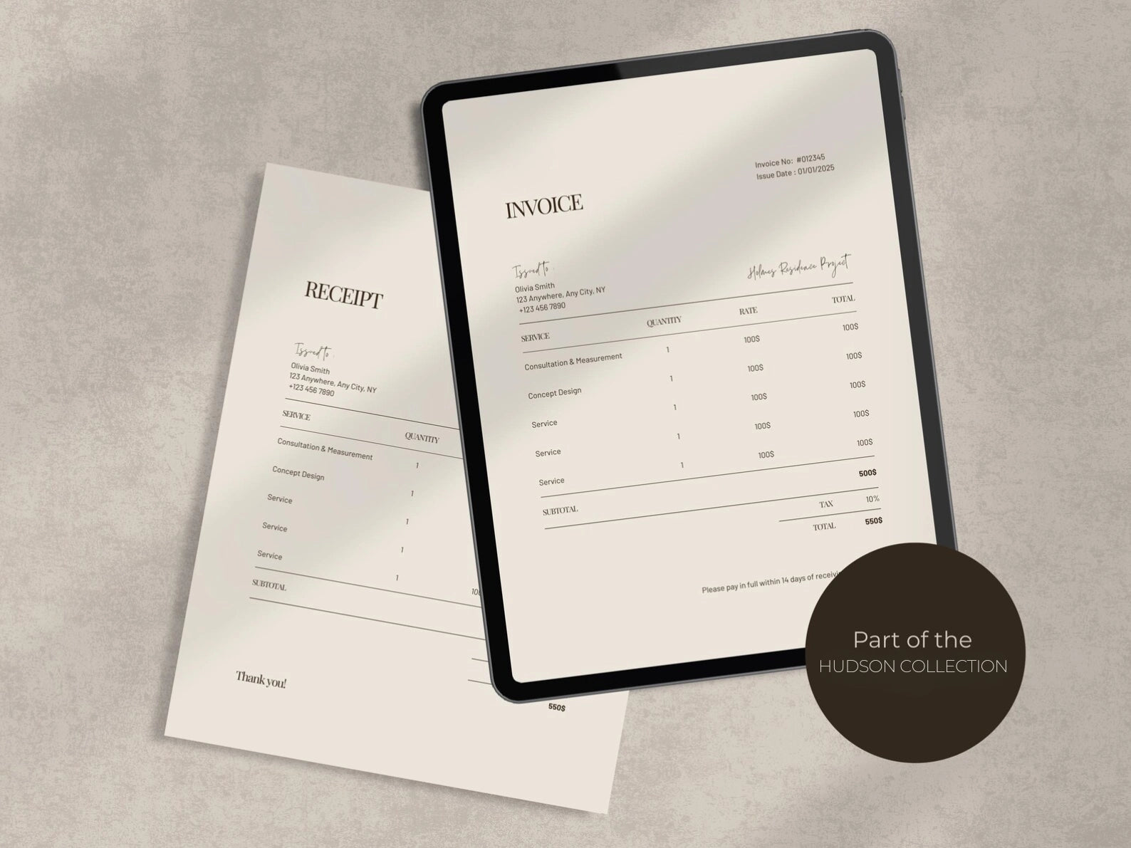 Receipt and invoice forms on a gray surface with 'Hudson Collection' branding.