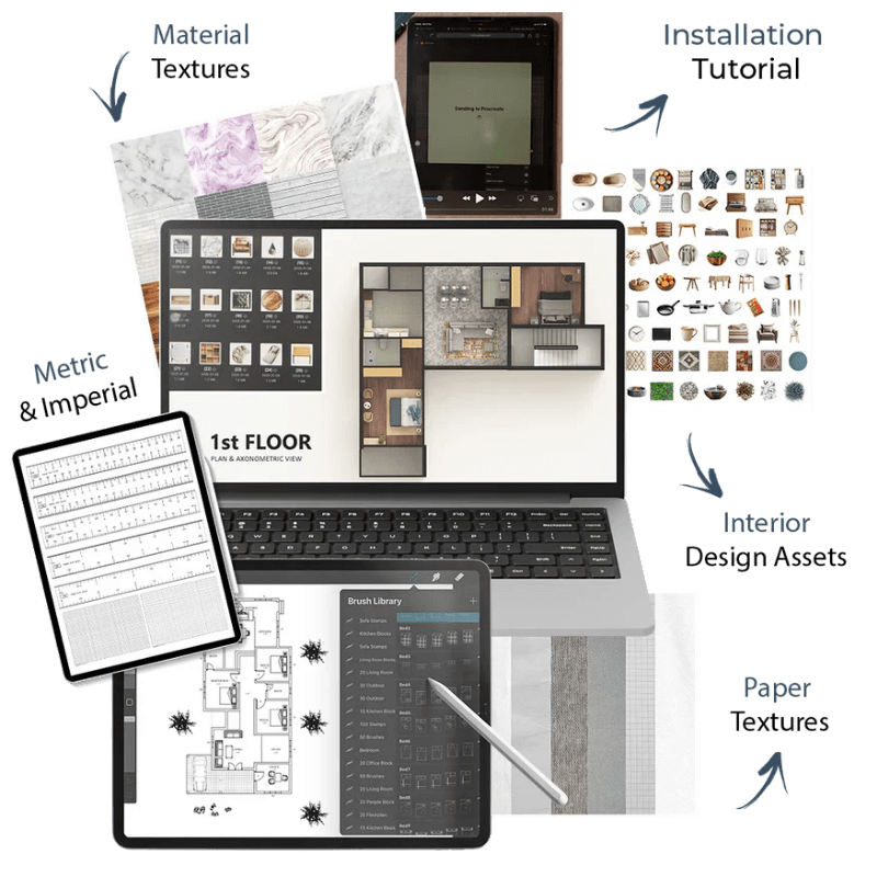 Laptop displaying interior design software with various design tools and materials on a black background.