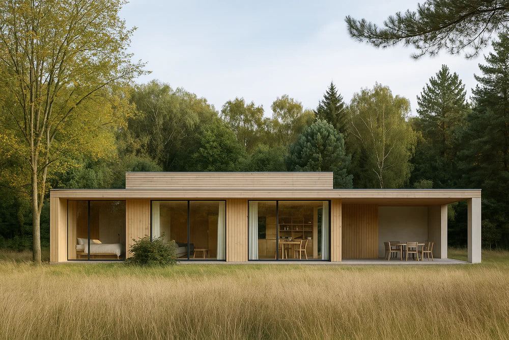 Modern house in a forest setting with large windows and wooden exterior.