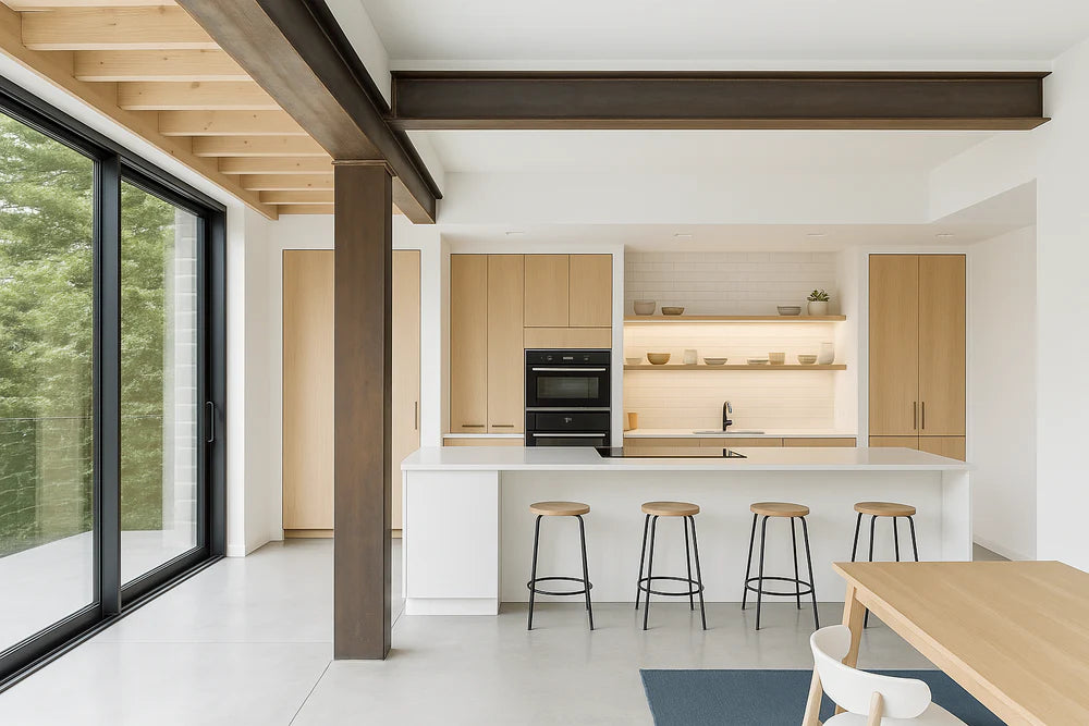 Modern kitchen with wooden cabinets, black appliances, and a dining area.