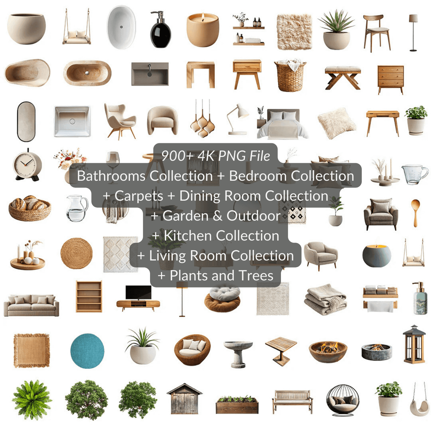 Collage of various home decor items including furniture, plants, and accessories with text overlay.